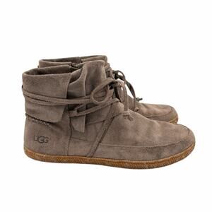 Ugg Reid Taupe Suede Leather Wrap Around Laces Comfy Moccasin Ankle Booties